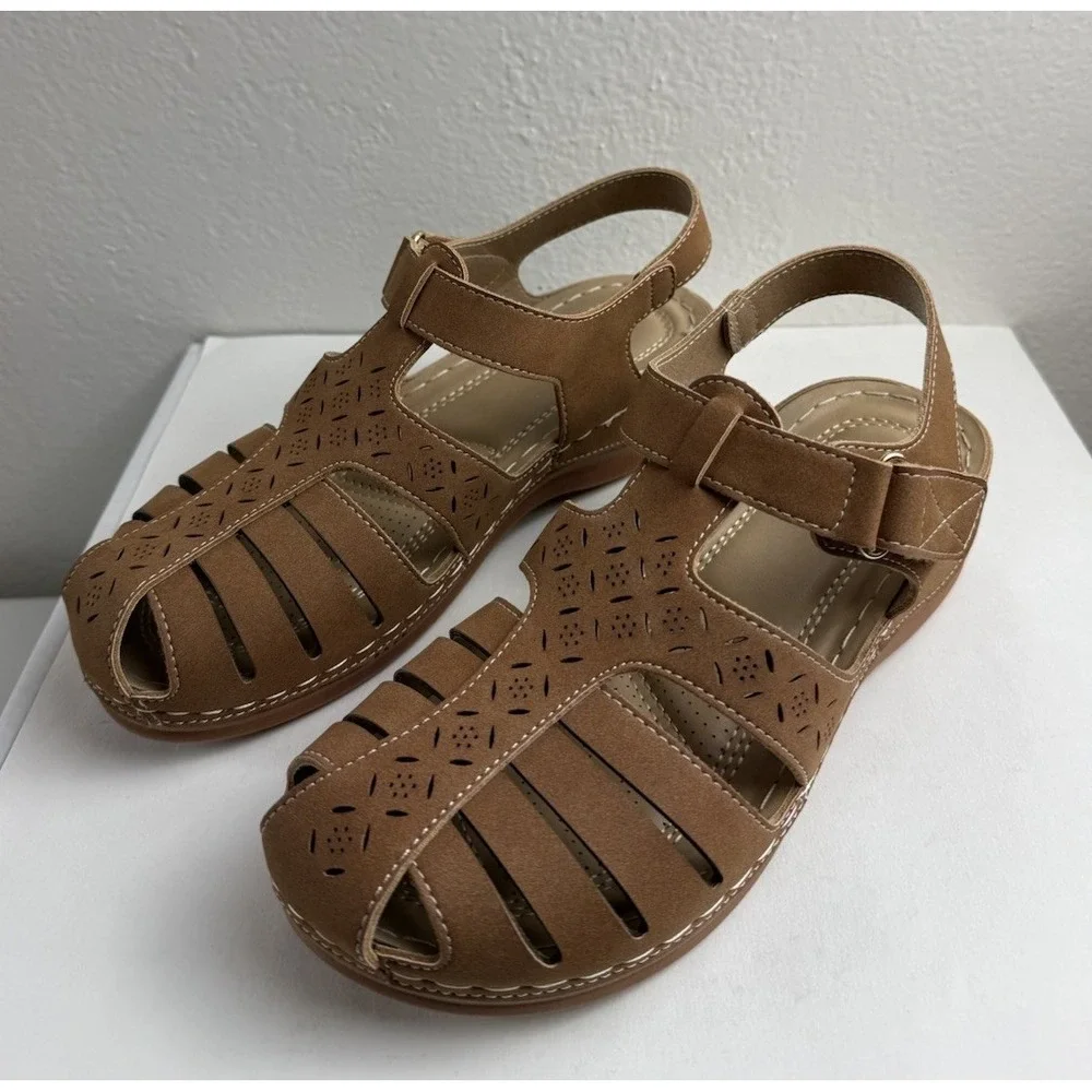 Shibever Comfort Fisherman Sandal 8 Womens Brown Slingback Cutout Casual Shoes